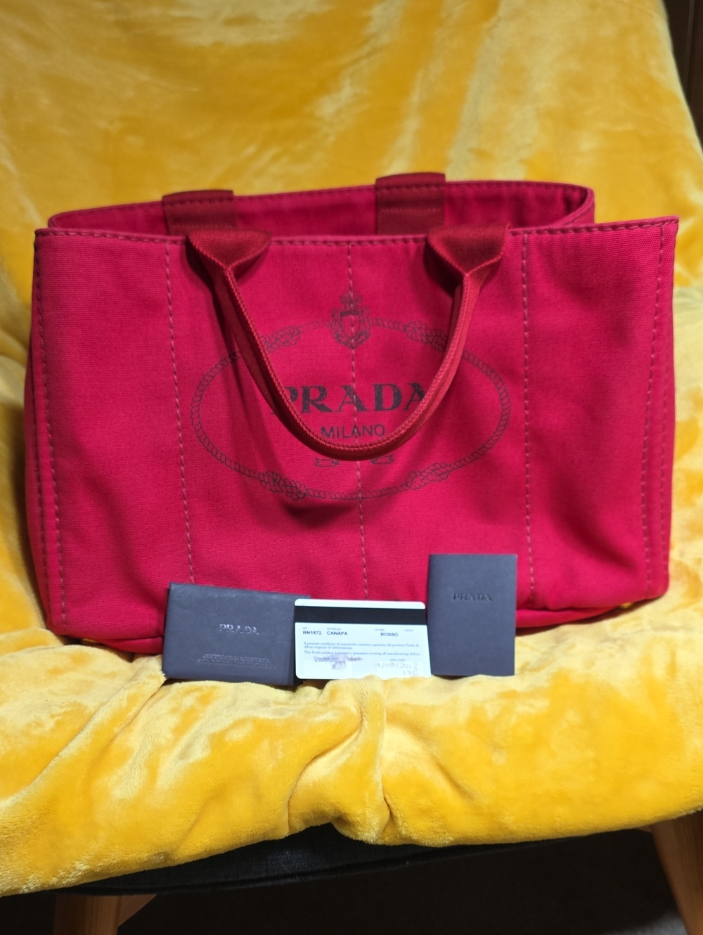 Prada CANAPA RED  LARGE Canvas Tote with Logo Print